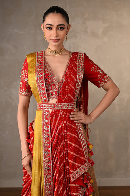 Golden Banarasi Lehenga Set With Double Dupatta
