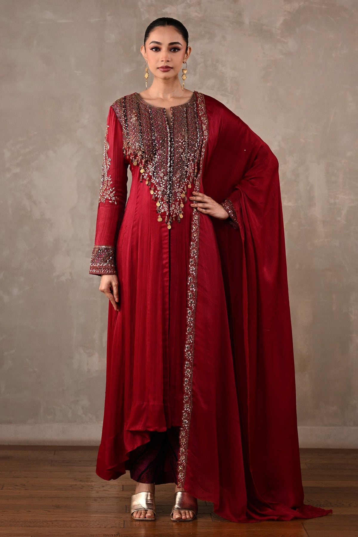 Embellished Satin Chiffon High-Low Kurta Set