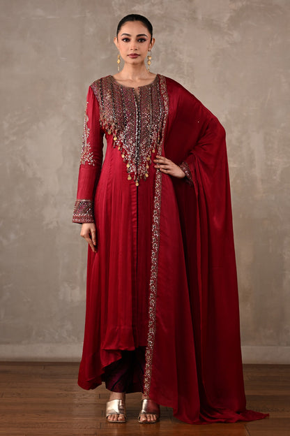 Embellished Satin Chiffon High-Low Kurta Set
