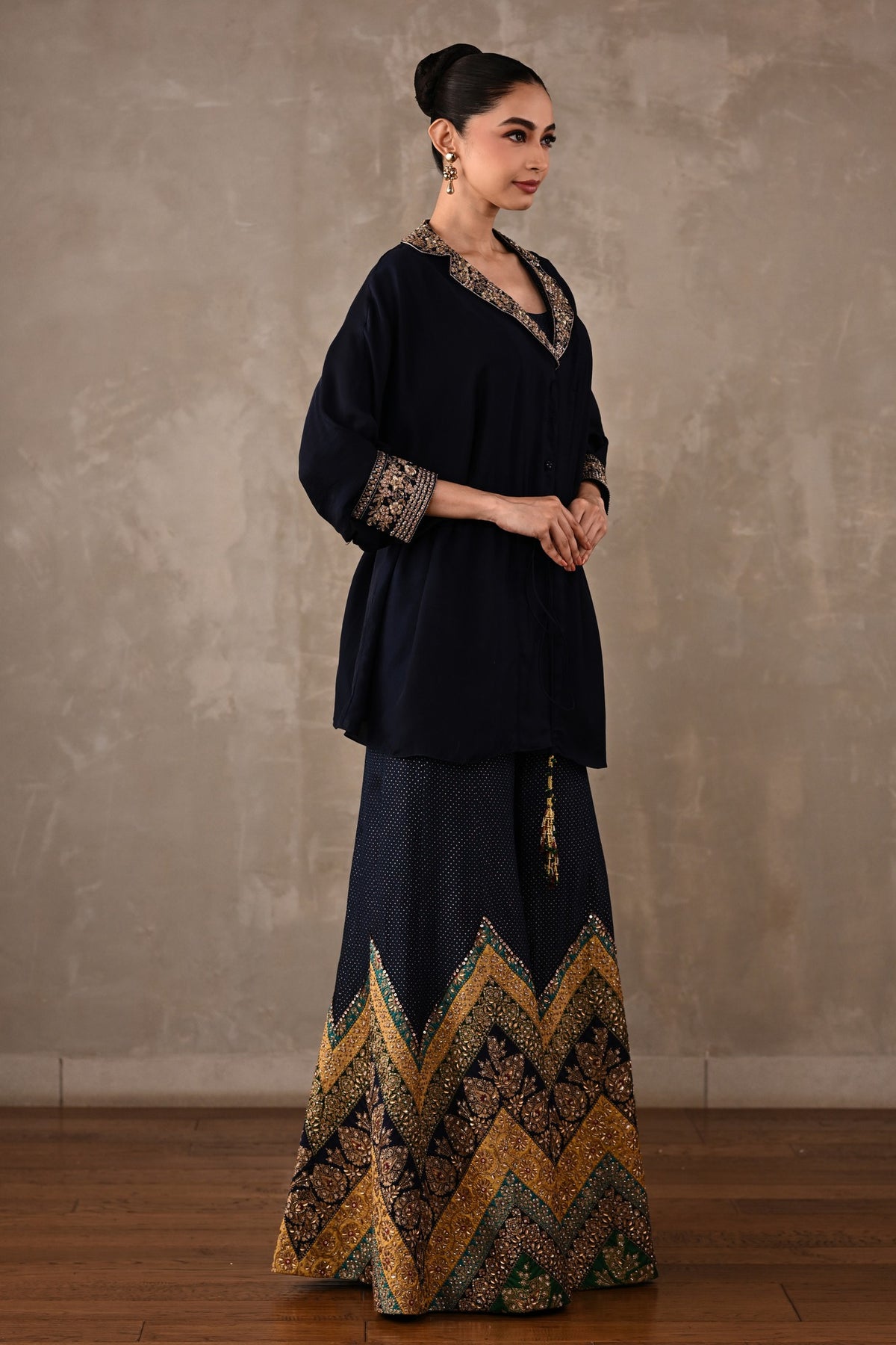 Drawstring Shirt & Chevron Embroidered Pants Set
