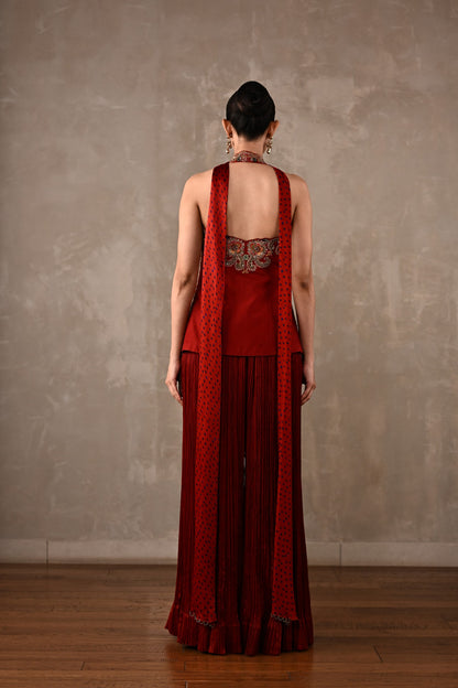 Halter Top with Pleated Pants & Choker Dupatta Set