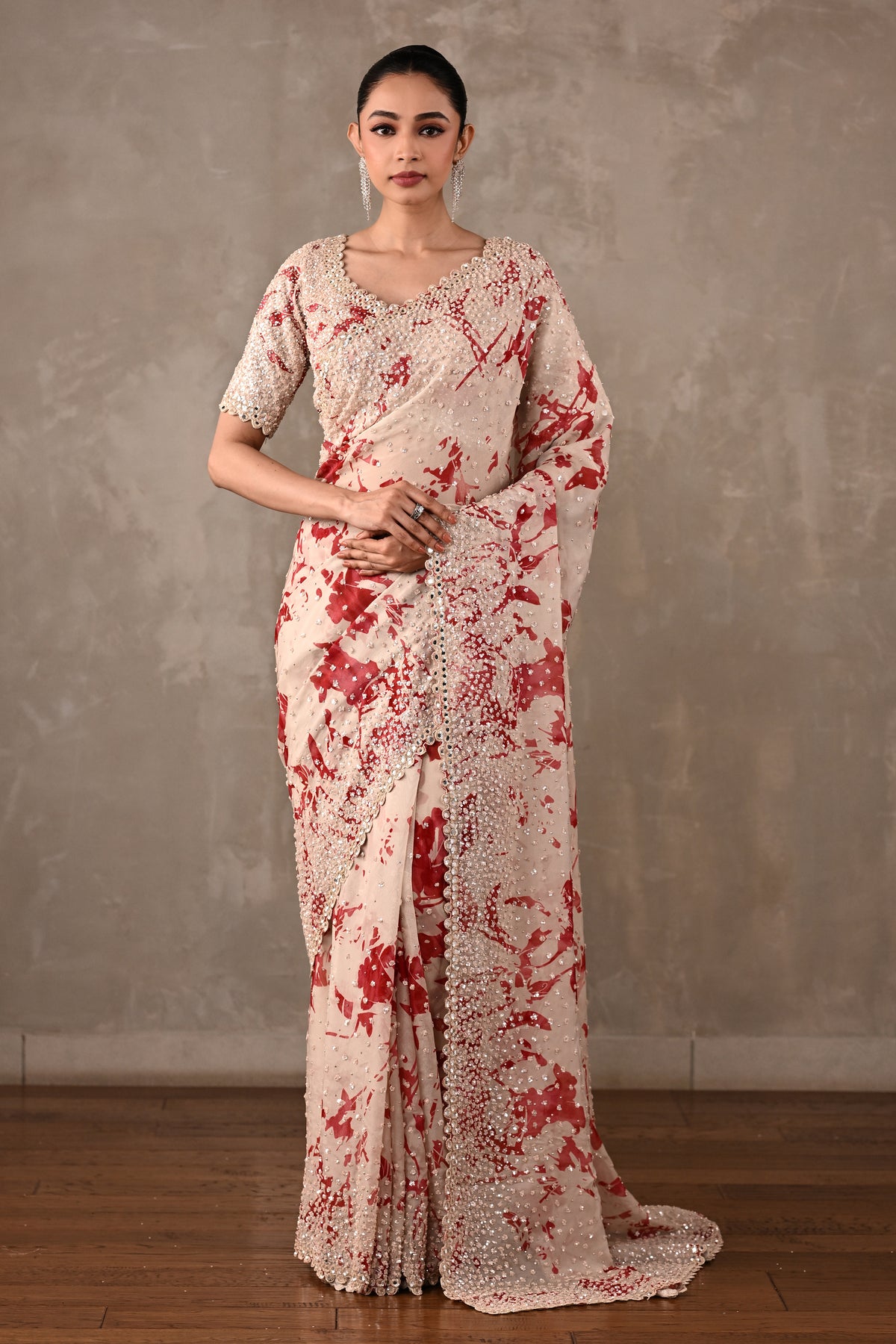 Floral Printed Embellished Saree Set