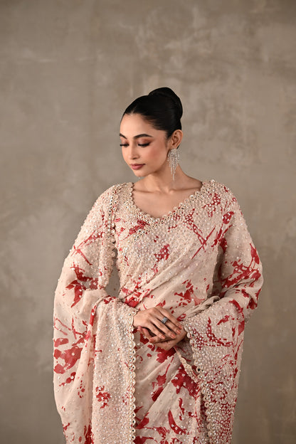 Floral Printed Embellished Saree Set