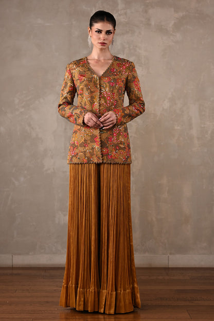 Embellished Floral Jacket & Pleated Palazzo Set