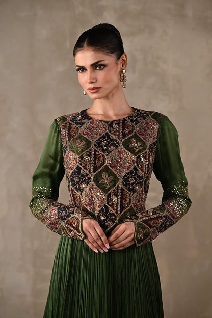 Patchwork-Inspired Embroidered Yoke Gown Set