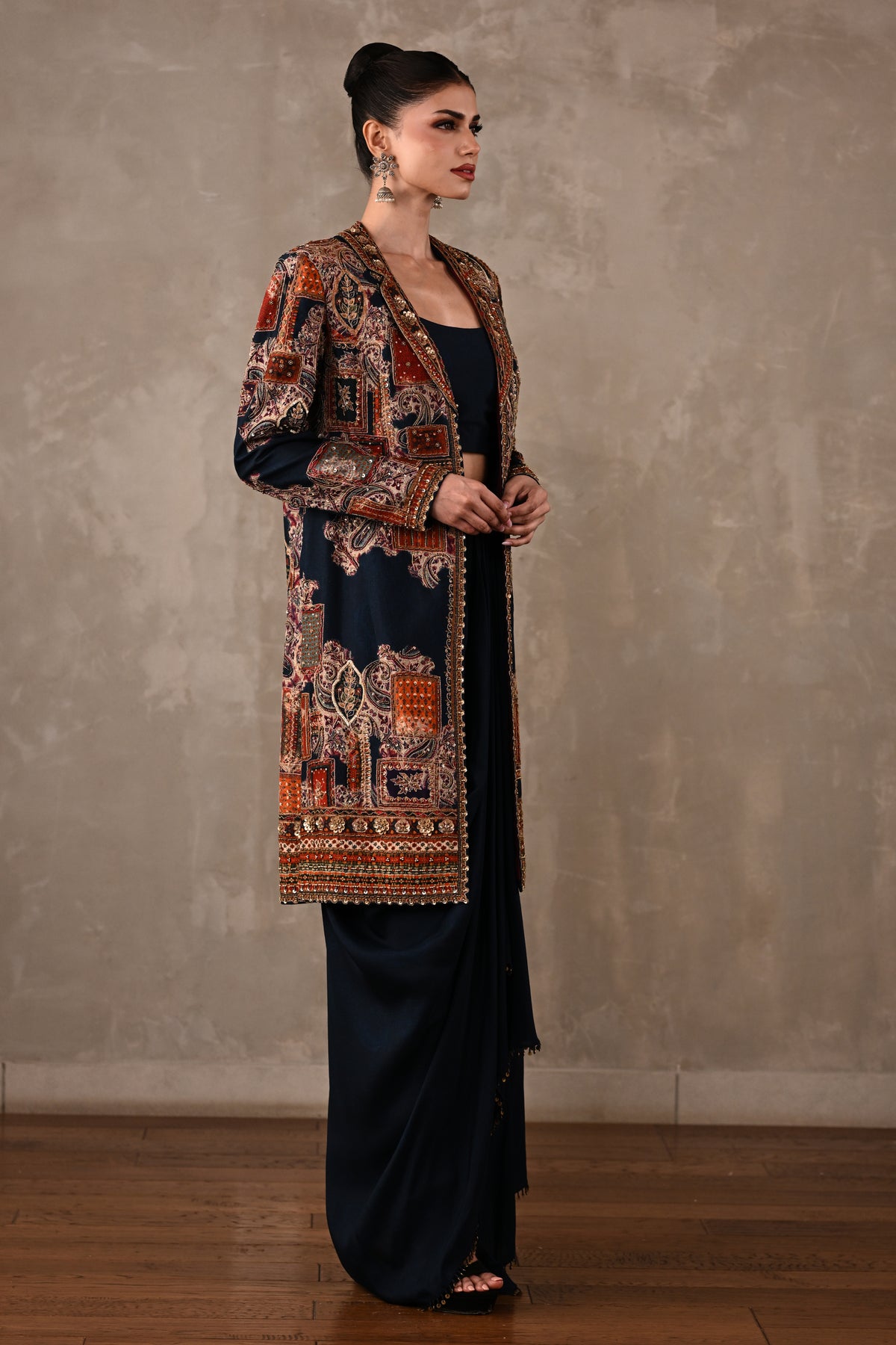 Patchwork-Inspired Long Jacket Skirt Set