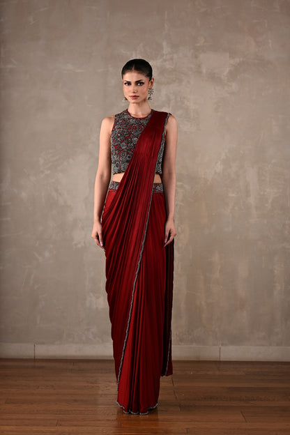 Maroon Embroidered Drape Saree Set