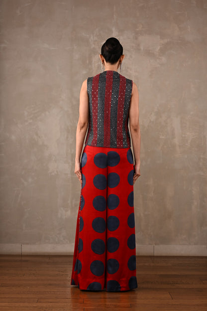 Embellished Vest & Polka Wide-Leg Pants Set