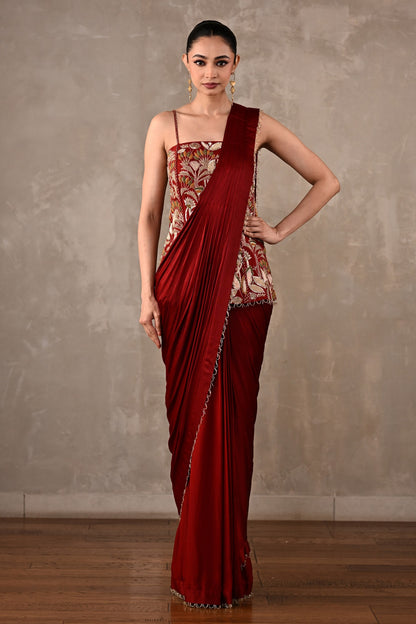 Floral Thread Embroidered Drape Saree Set