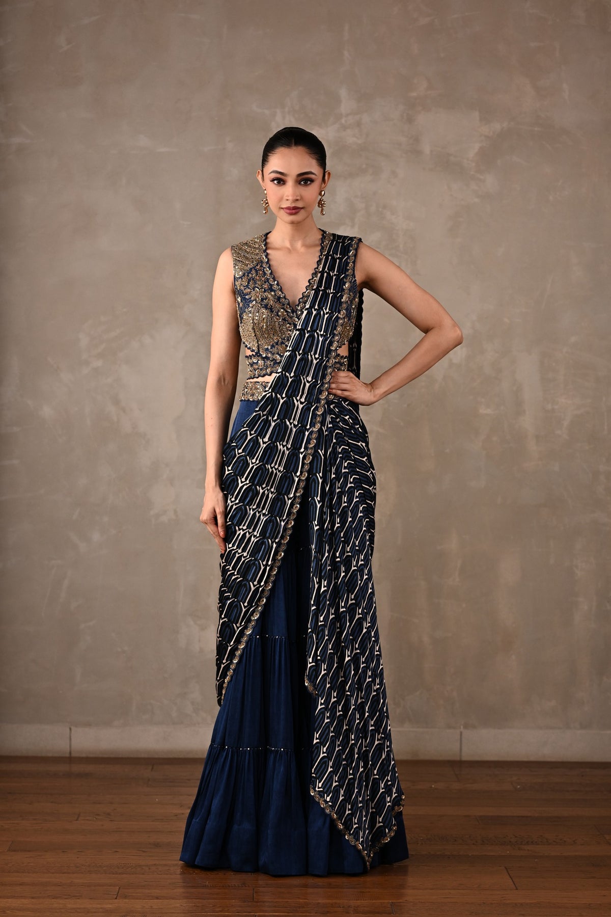 Printed Embroidered Drape Saree Set