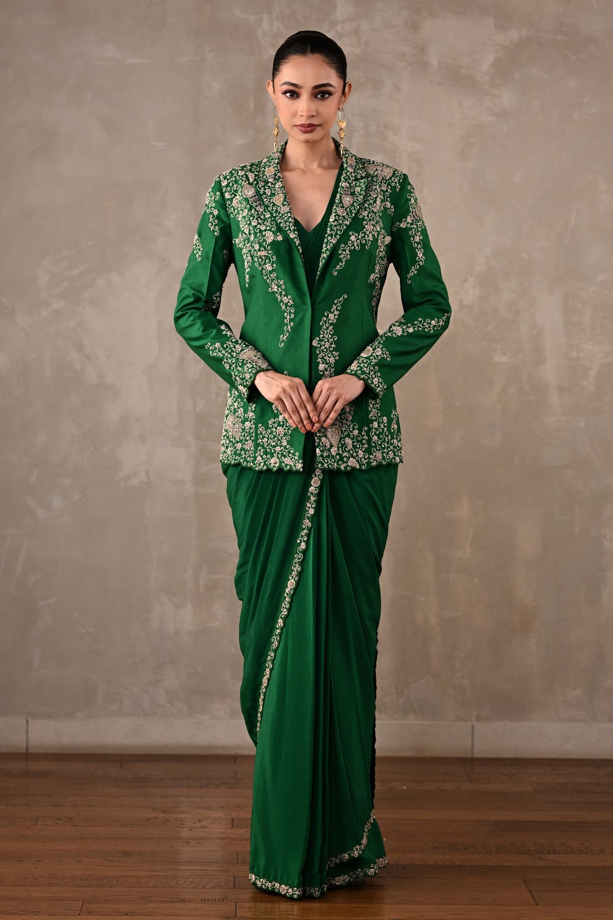 Thread Embroidered Drape Saree Set
