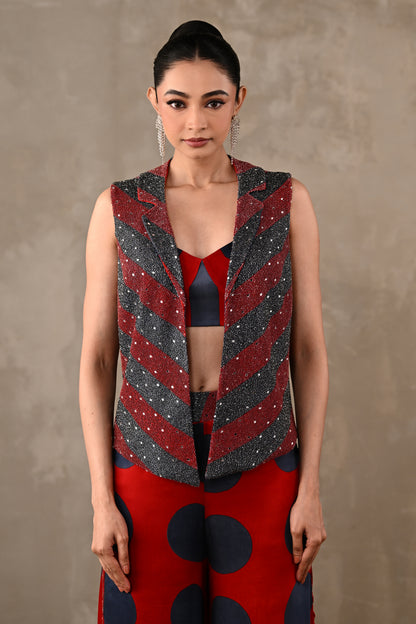 Embellished Vest & Polka Wide-Leg Pants Set