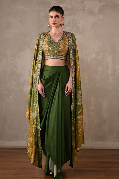 Embellished Silk Cape & Drape Skirt Set