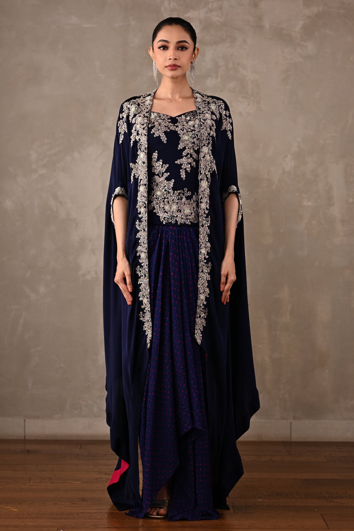 Zardosi Embroidered Cape & Bandhej Drape Skirt Set