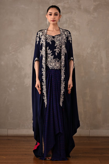 Zardosi Embroidered Cape & Bandhej Drape Skirt Set