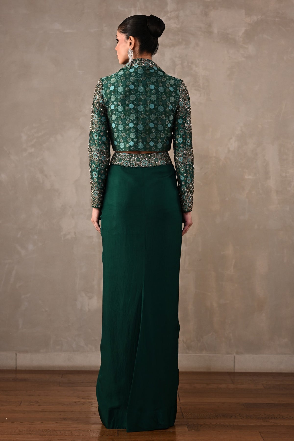 Embellished Crepe Drape Skirt & Cropped Jacket Set