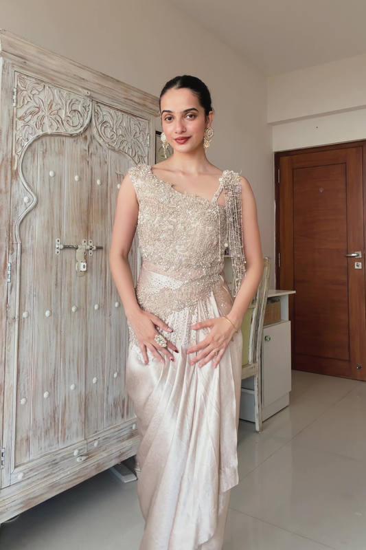 Embellished Satin Drape Gown With Pearl Detailing