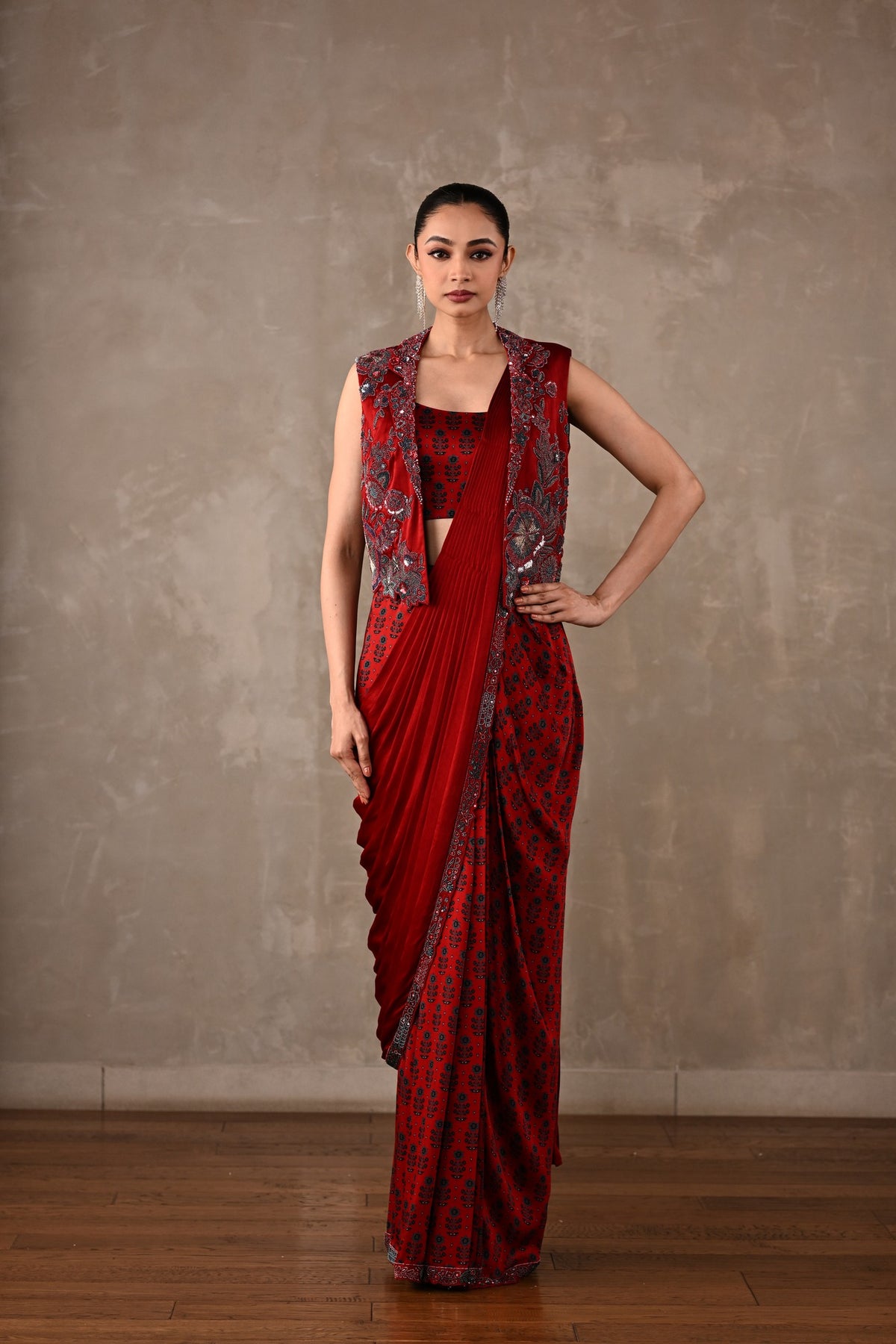 Draped Satin Saree Ensemble