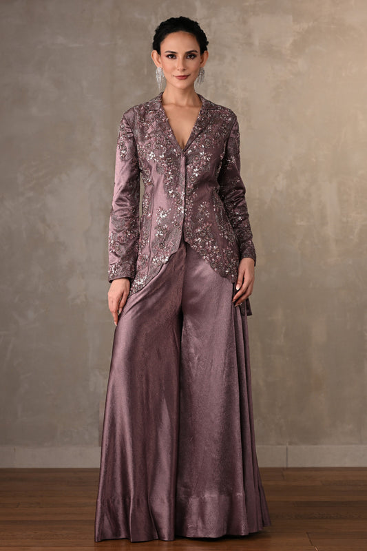 Embroidered Jacket-Sharara Satin Set