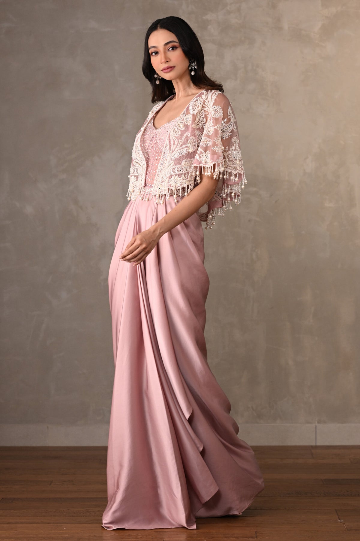 Blush Corset-Style Gown With Embroidered Cape