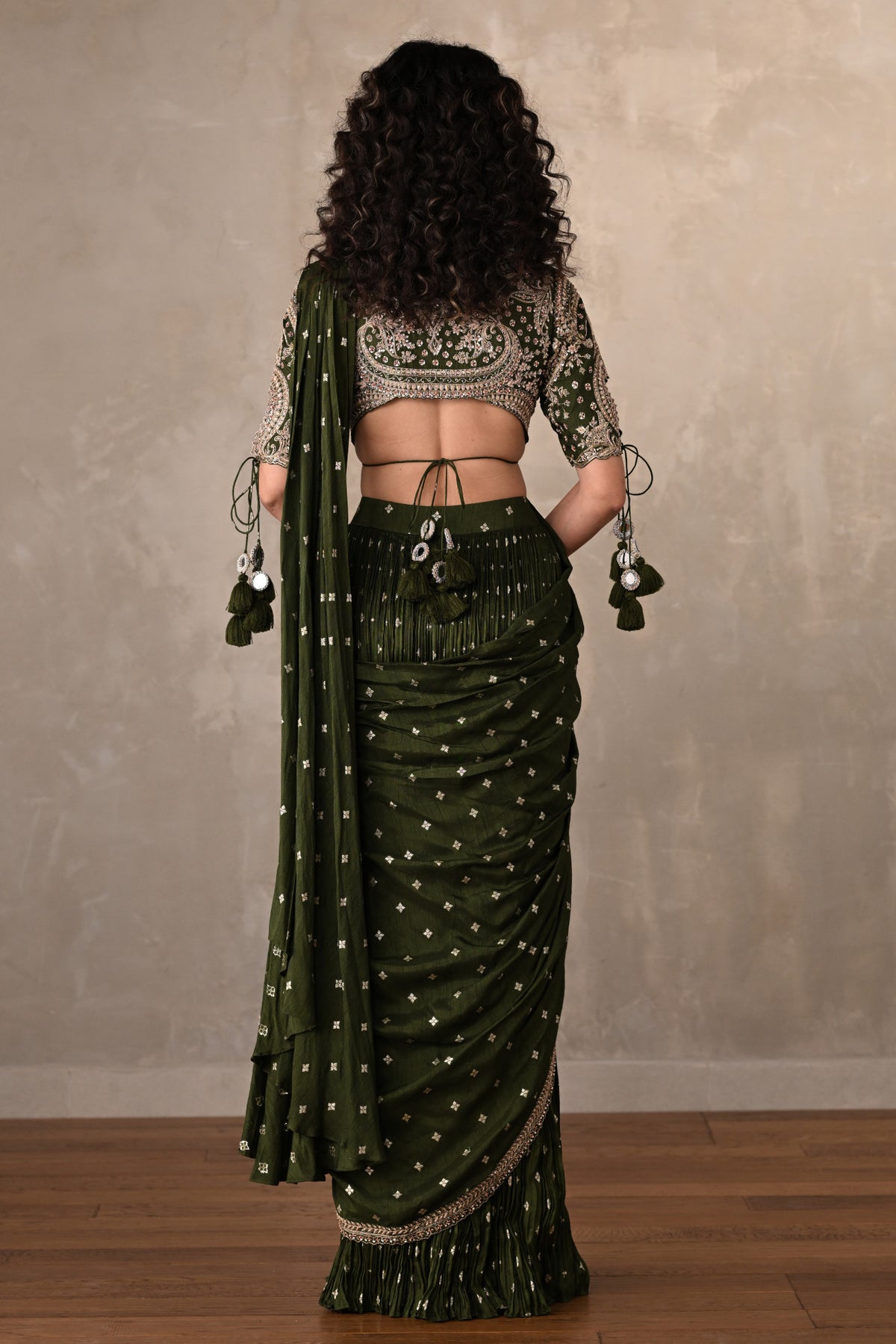Zariya Olive Embroidered Drape Saree