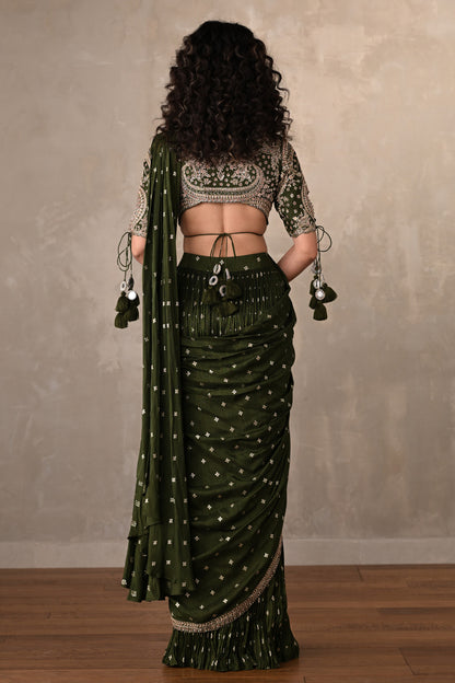 Zariya Olive Embroidered Drape Saree