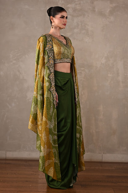 Embellished Silk Cape & Drape Skirt Set