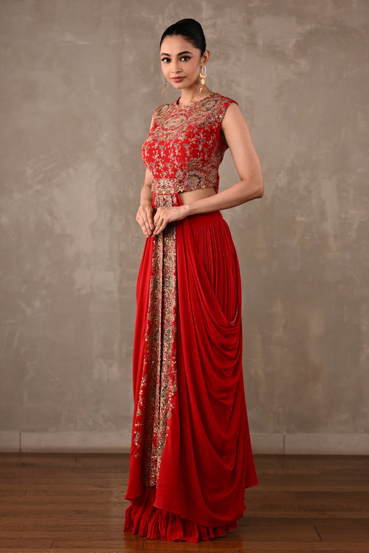 Embroidered Drape Gown Set