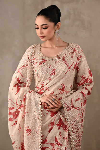 Floral Printed Embellished Saree Set