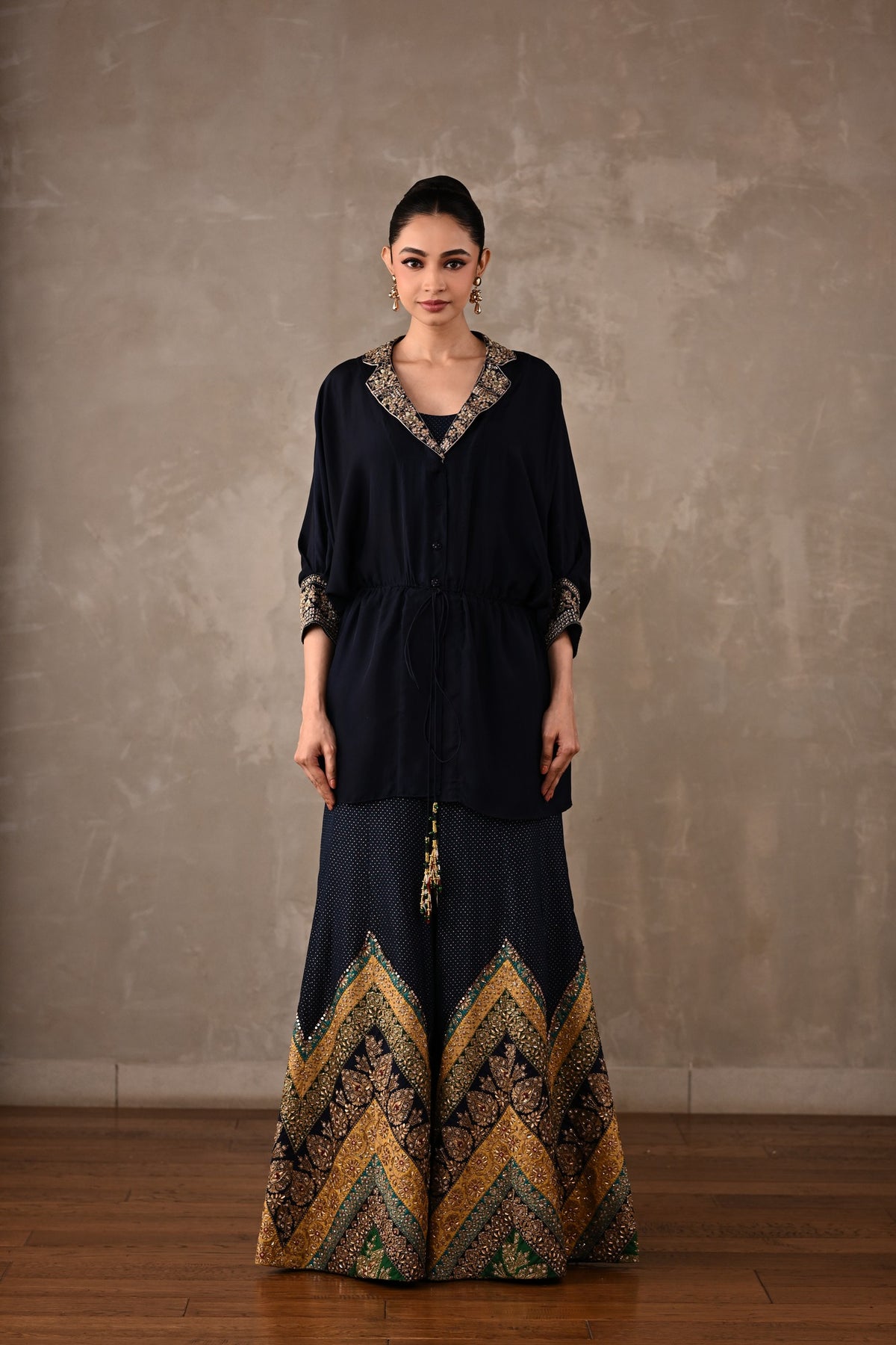 Drawstring Shirt & Chevron Embroidered Pants Set
