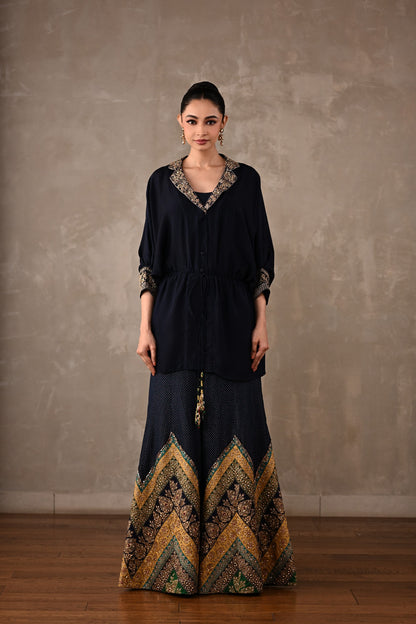 Drawstring Shirt & Chevron Embroidered Pants Set