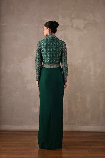Embellished Crepe Drape Skirt & Cropped Jacket Set