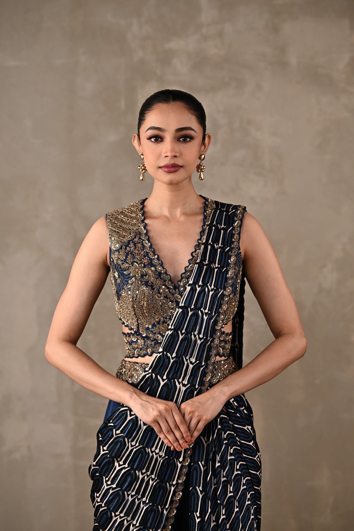 Printed Embroidered Drape Saree Set