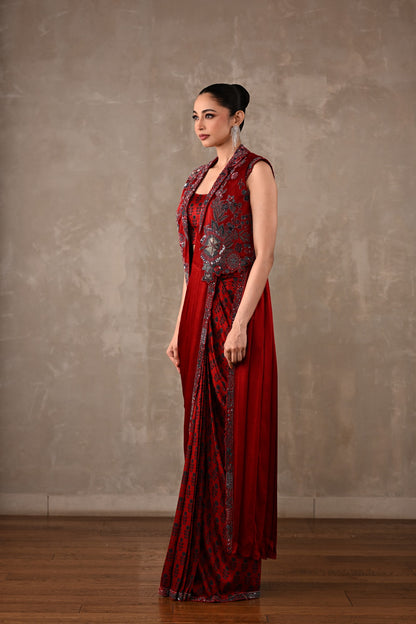 Draped Satin Saree Ensemble