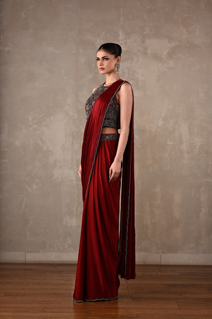 Maroon Embroidered Drape Saree Set