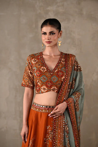 Mirror Work Printed Lehenga Set