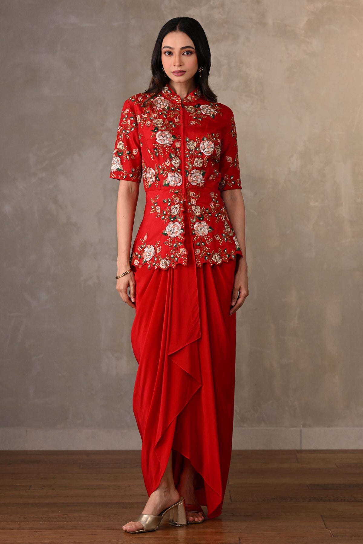 Red Threadwork Peplum Set