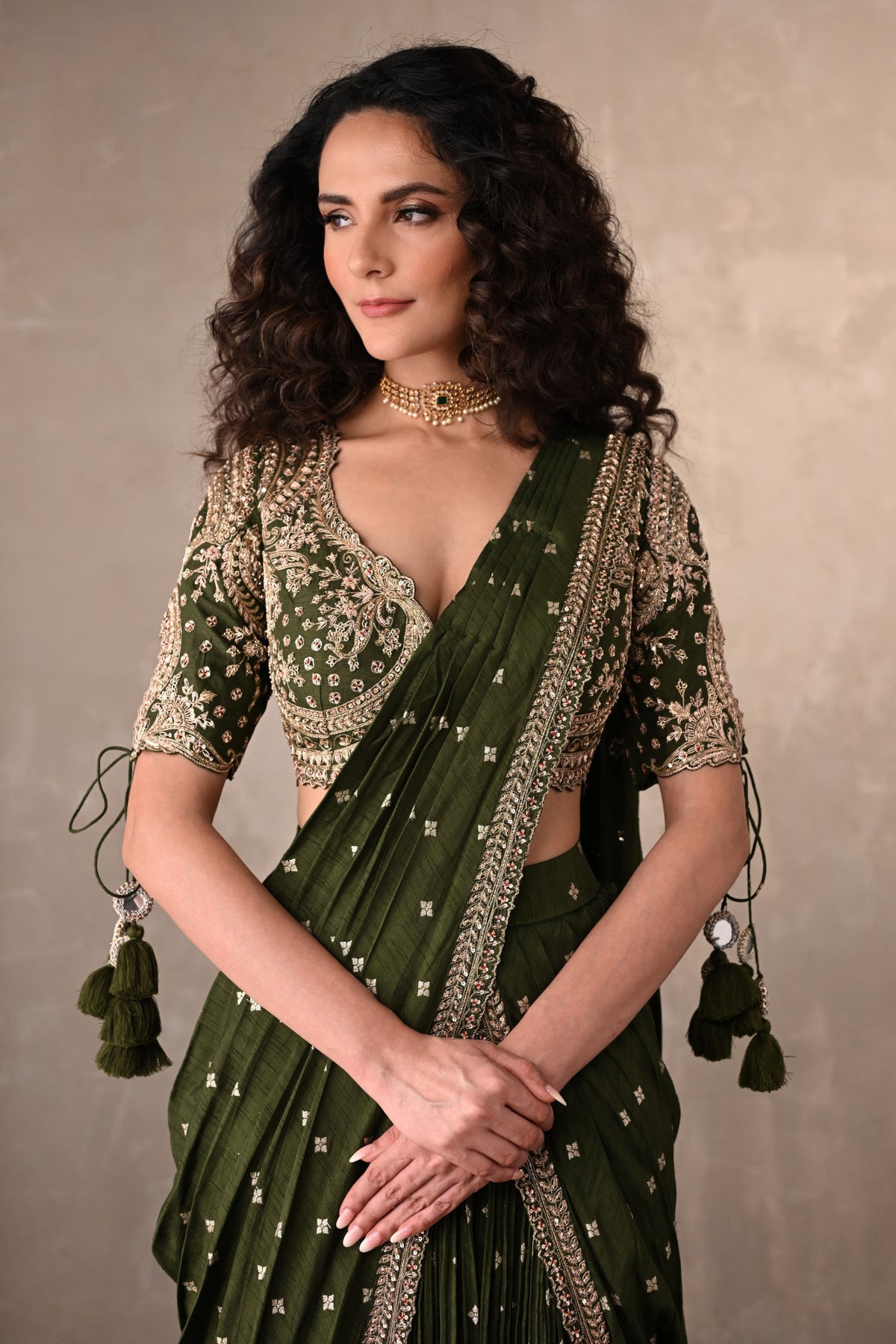 Zariya Olive Embroidered Drape Saree