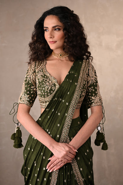 Zariya Olive Embroidered Drape Saree