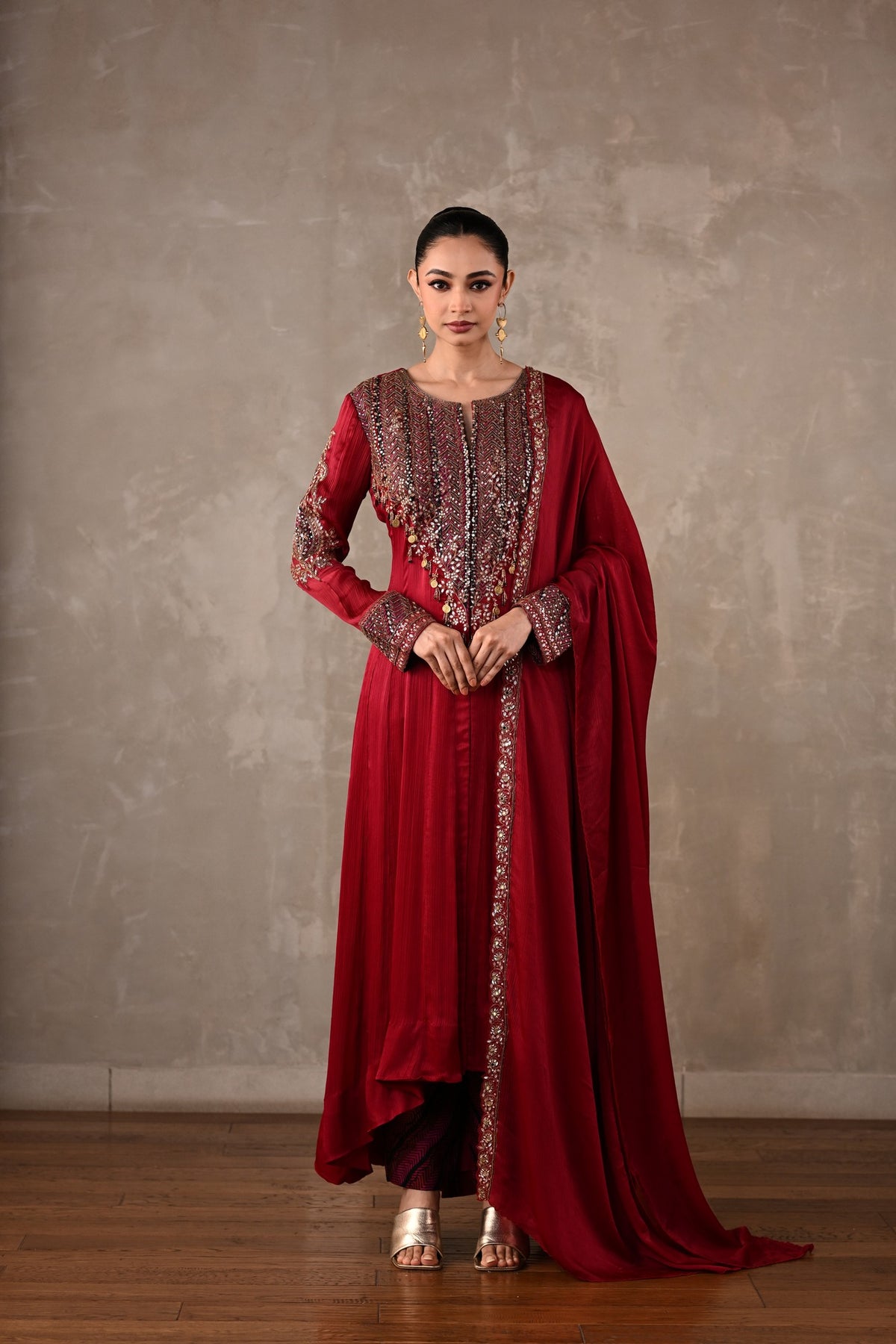Embellished Satin Chiffon High-Low Kurta Set