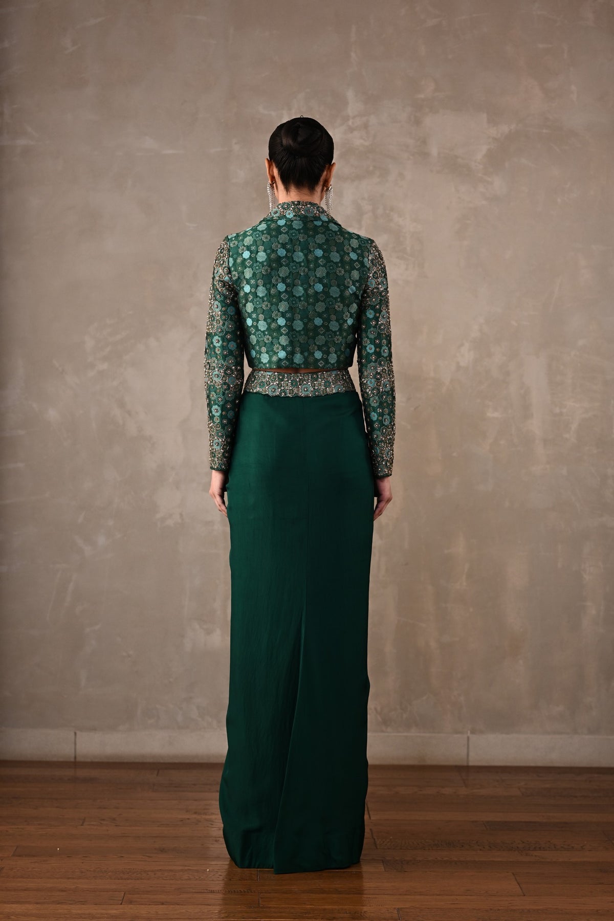 Embellished Crepe Drape Skirt & Cropped Jacket Set