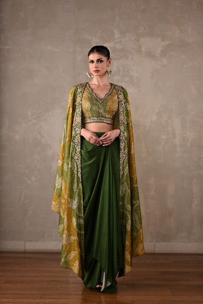 Embellished Silk Cape & Drape Skirt Set