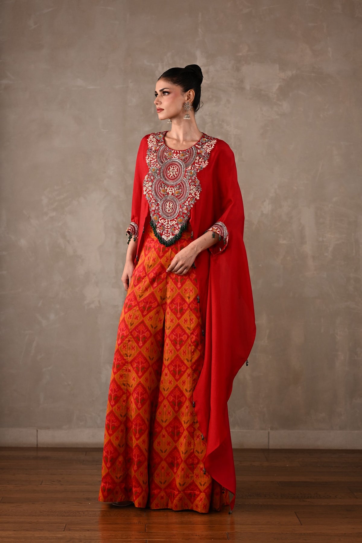 Embroidered Cape Top & Pochampally Pants Set