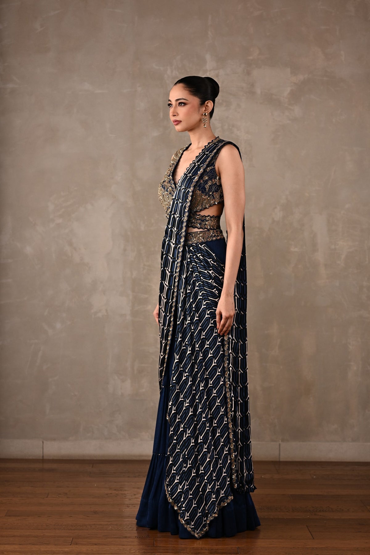 Printed Embroidered Drape Saree Set