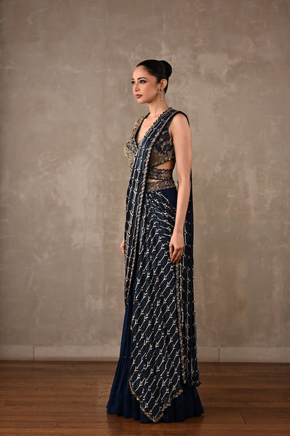 Printed Embroidered Drape Saree Set