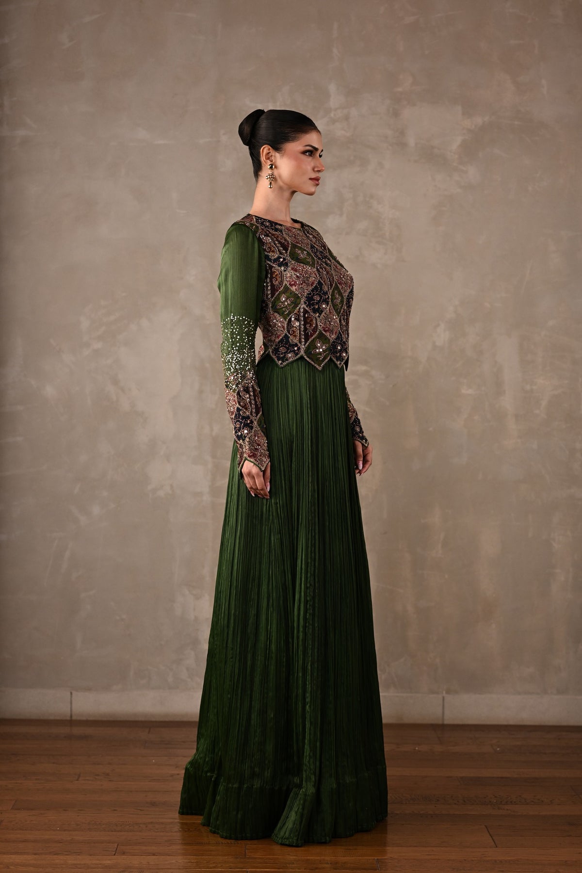 Patchwork-Inspired Embroidered Yoke Gown Set