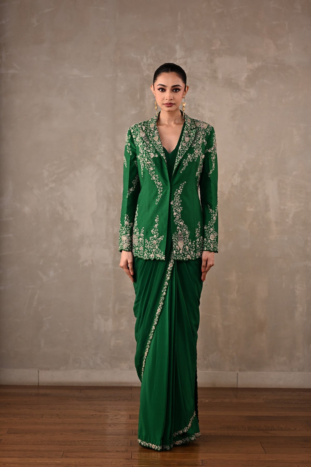 Thread Embroidered Drape Saree Set