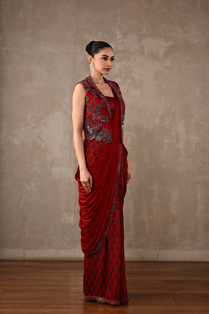Draped Satin Saree Ensemble