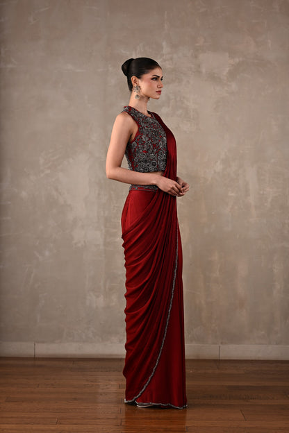 Maroon Embroidered Drape Saree Set