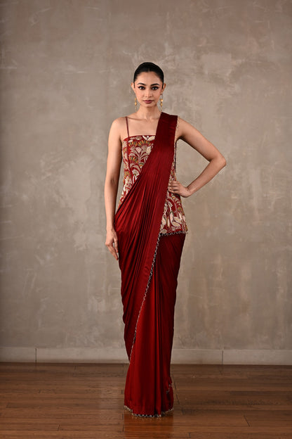 Floral Thread Embroidered Drape Saree Set